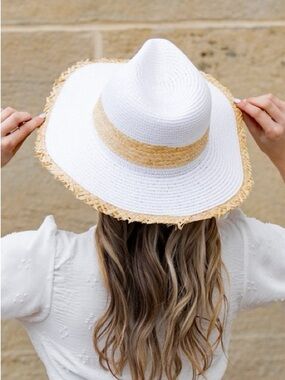 White and Natural Straw Wide Brim Sun Hat - Women Accessories